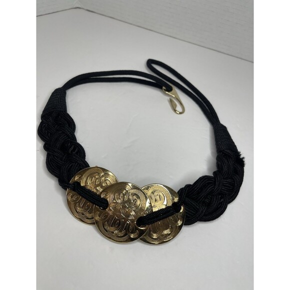 Accessories - Vintage Black Braided Belt With Gold Medallions 80s 32"